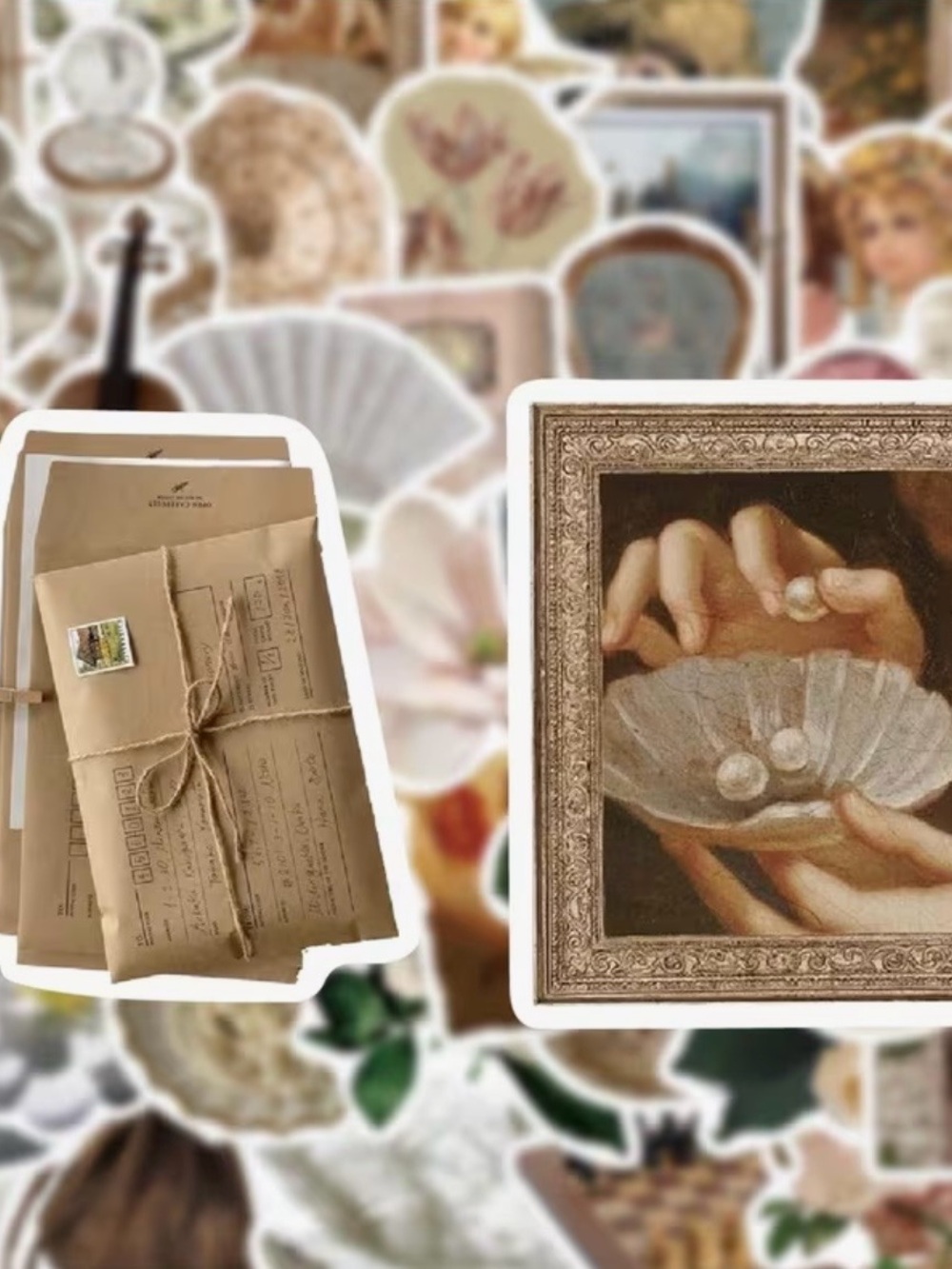 50 Vintage Victorian Stickers Cream, Green, Gold Angels Flowers Frames Fans - Picture 2 of 7